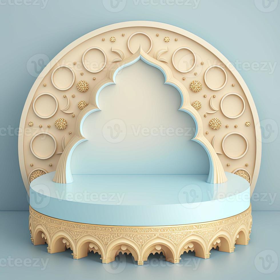 Islamic theme product display background in 3d rendering illustration design, Mosque portal frame with podium or stage and empty space. photo