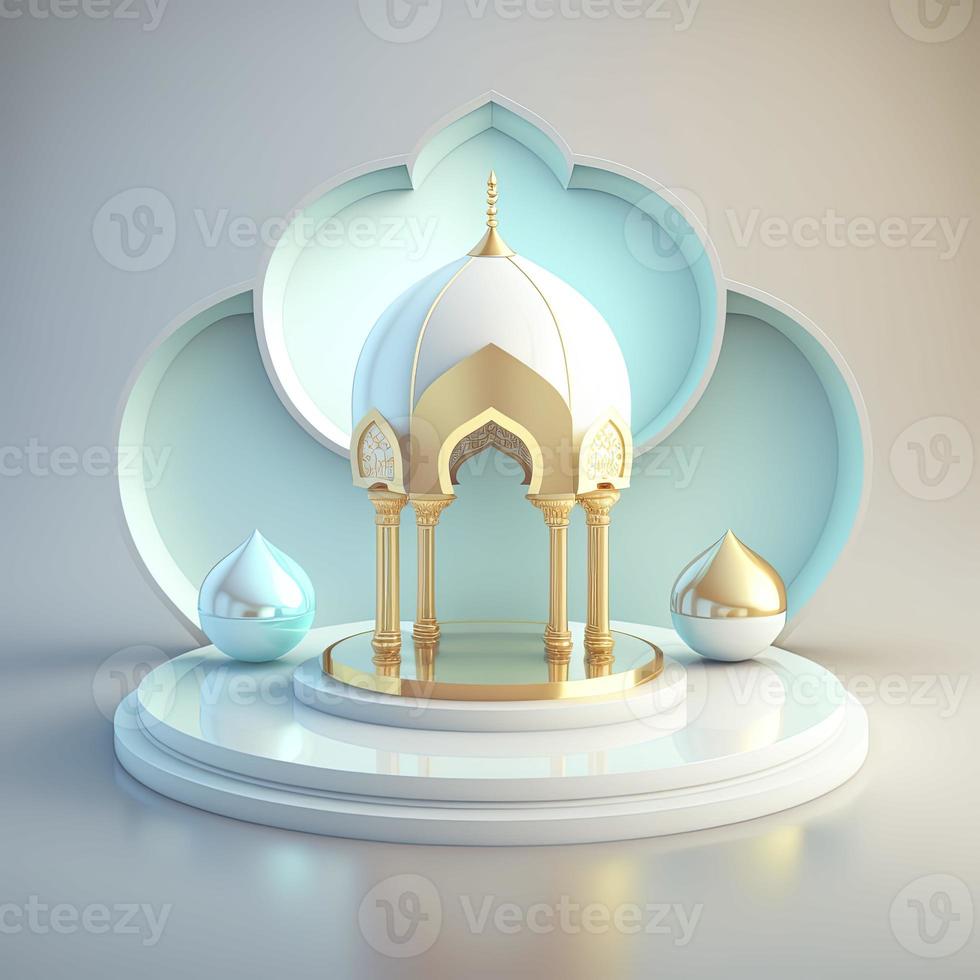 Realistic 3d ramadan islamic themed podium with shiny mosque gate photo