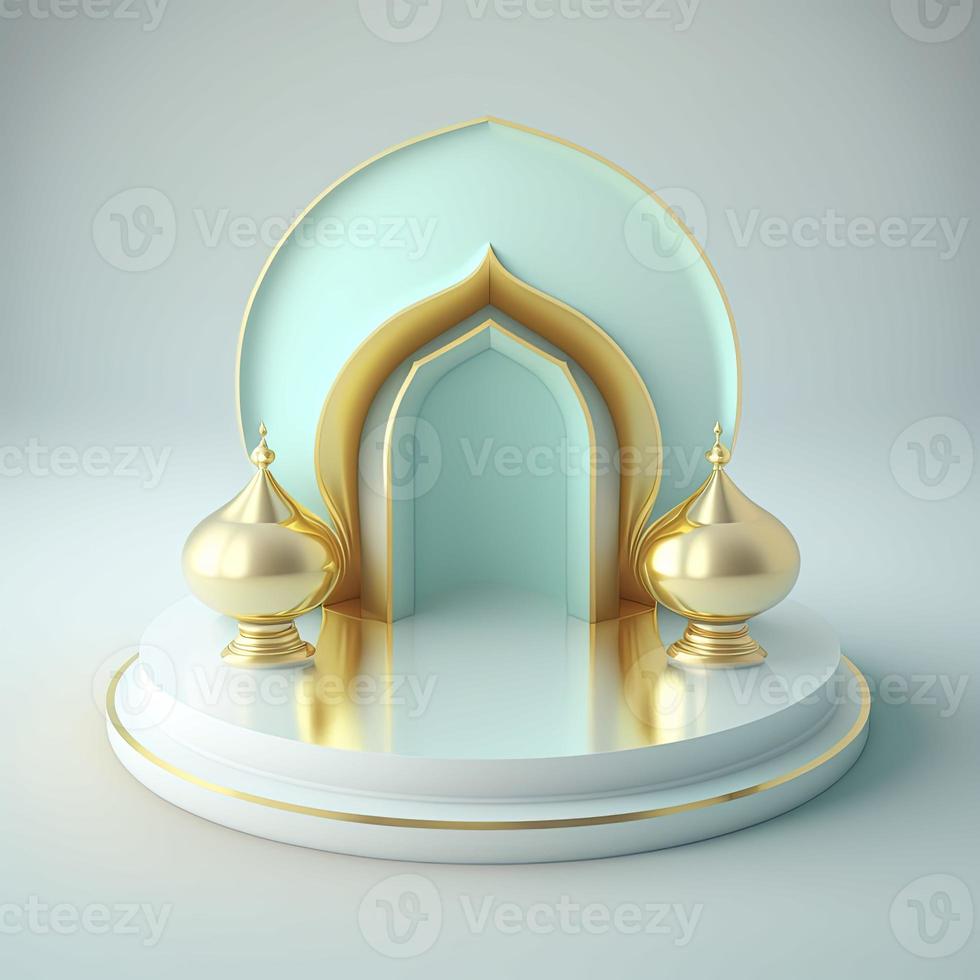 Islamic ramadan podium background of futuristic and modern 3d realistic mosque with scene and stage for product display photo