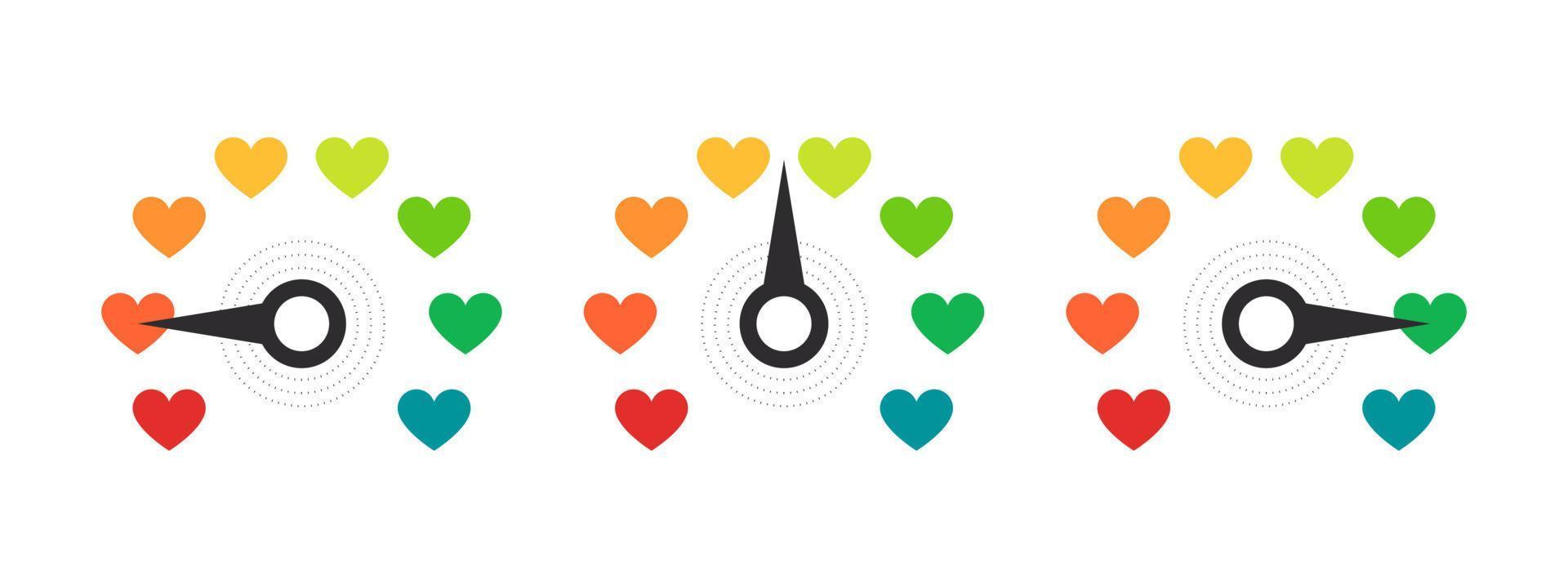 Hearts rating. Mood scale. Satisfaction indicator. Performance measurement client satisfaction. Vector illustration