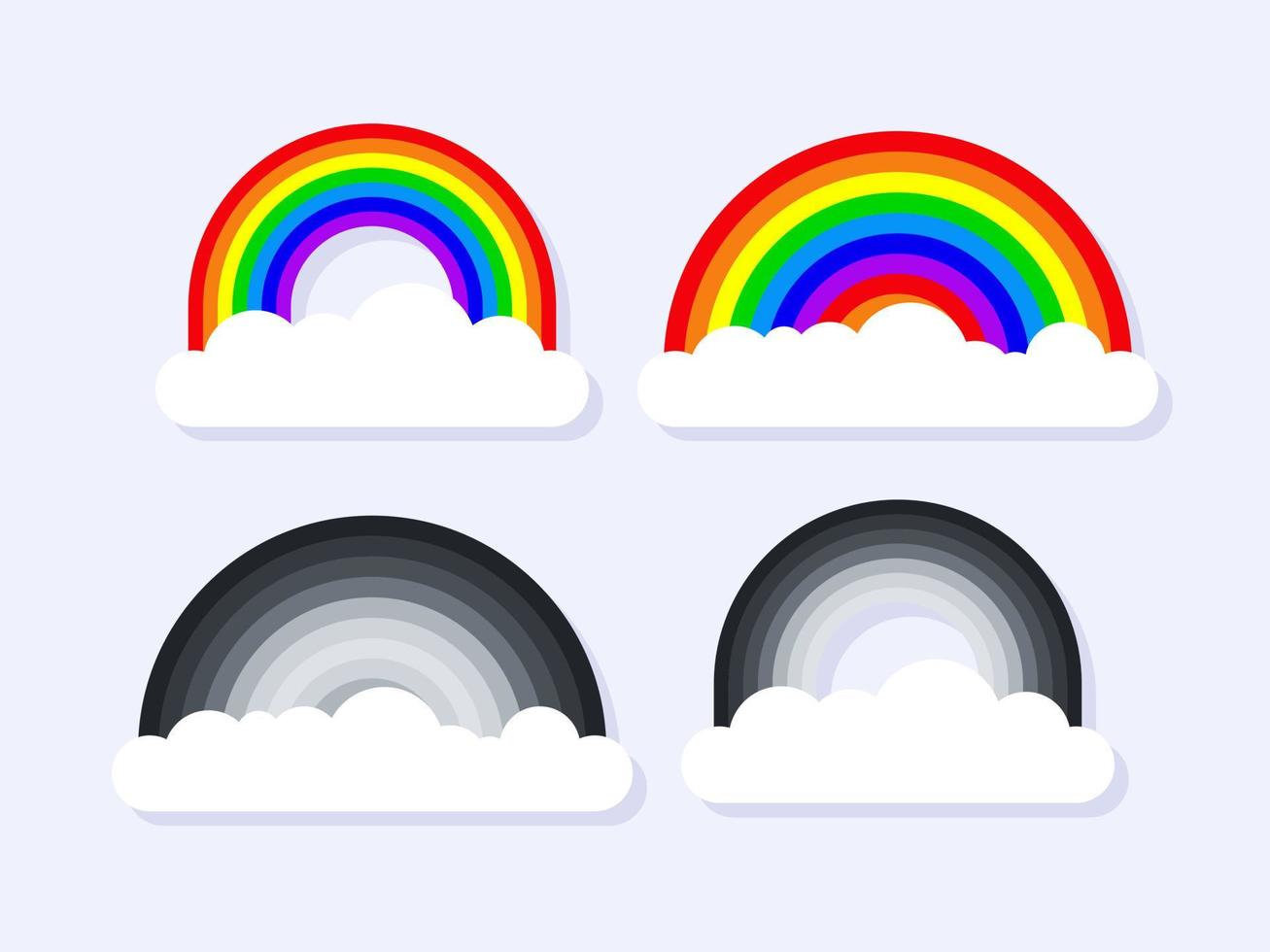 Rainbow with clouds. Colorful and black rainbow. Cute rainbow. Multicoloured rainbow stripes. Vector illustration