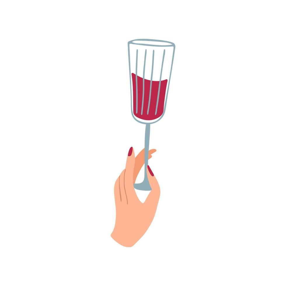 mano femenina sostiene una copa de vino tinto. bebida alcohólica en copa de vino. ilustración vectorial dibujada a mano de estilo plano aislada en blanco. imágenes prediseñadas de estilo de vida. vector