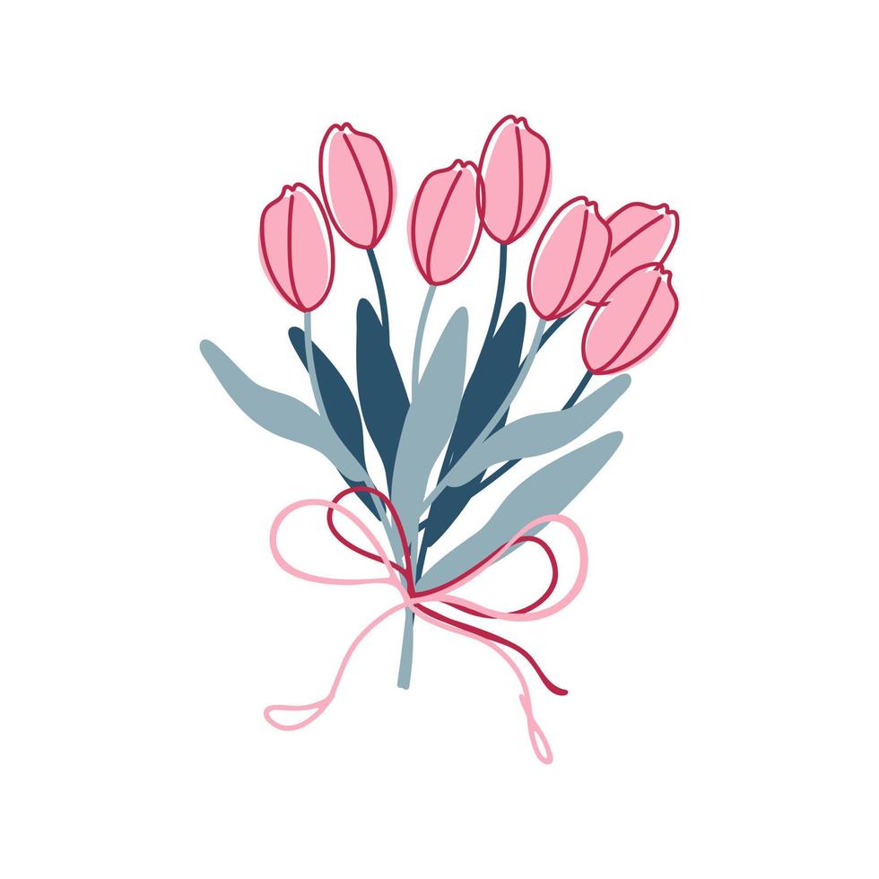 Beautiful spring bouquet of pink tulips isolated on white. Bunch of flowers with long leaves decorated with bow. Hand drawn vector illustration.