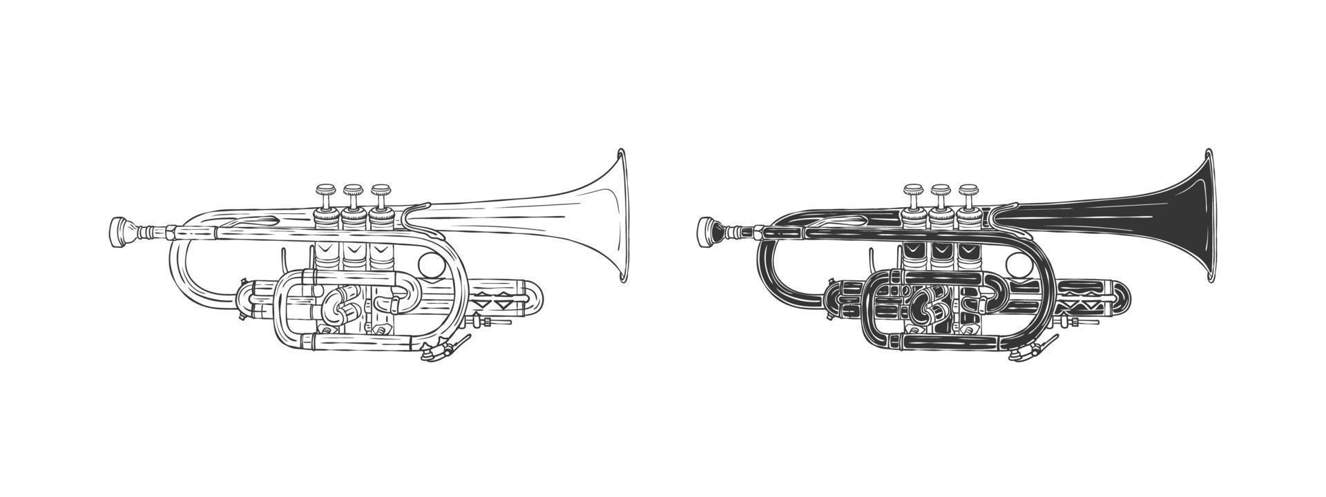 Trumpet. Hand-drawn trumpets. Musical instrument trumpet. Hand drawn style. Vector illustration