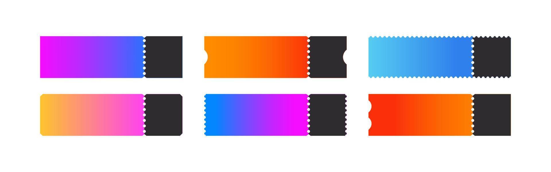 Ticket templates. Multicolored coupon templates. Discount voucher templates. Vector illustration