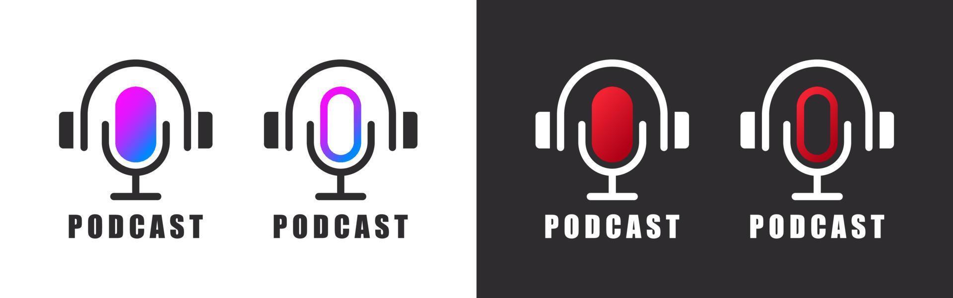 Podcast logos. Podcast concept icon. Podcast microphone with headphones. Vector image