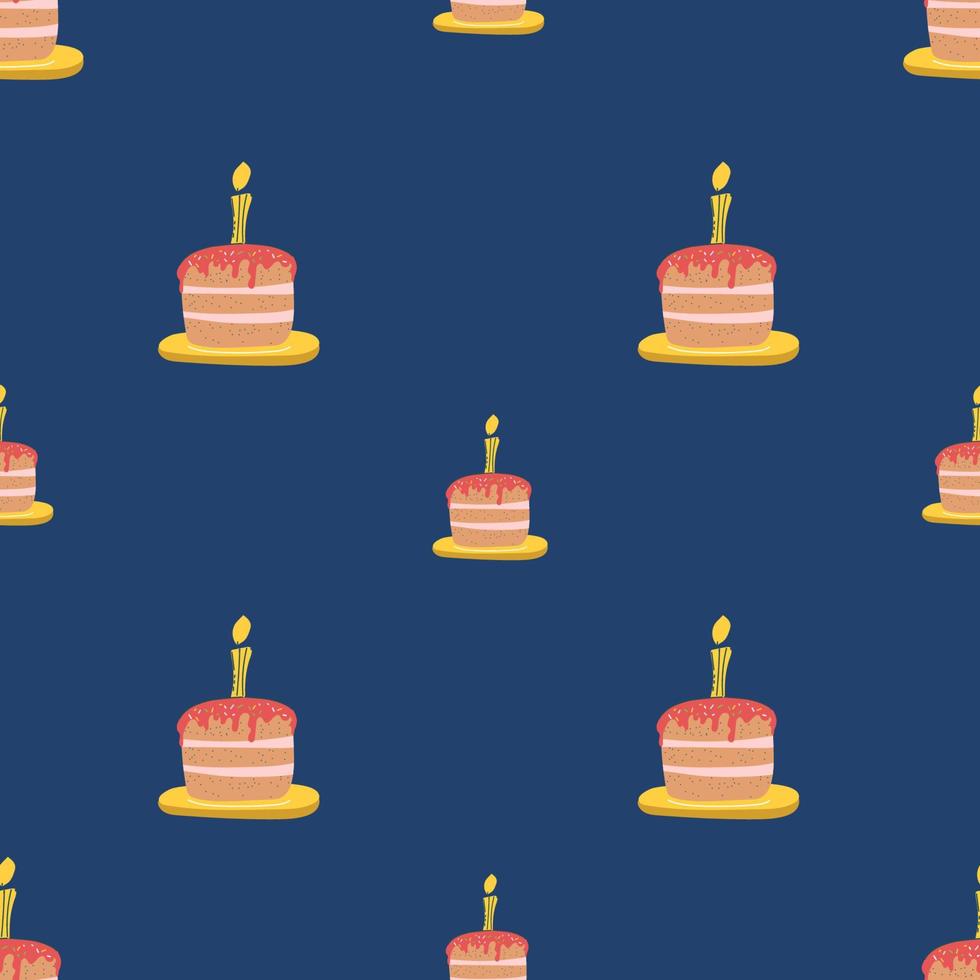 Seamless pattern, cake and piece of cake with purple, pink icing, glaze and burning candle. Holiday vector illustration for postcard, Birthday, web, design, art, invitation, greeting, congratulations,