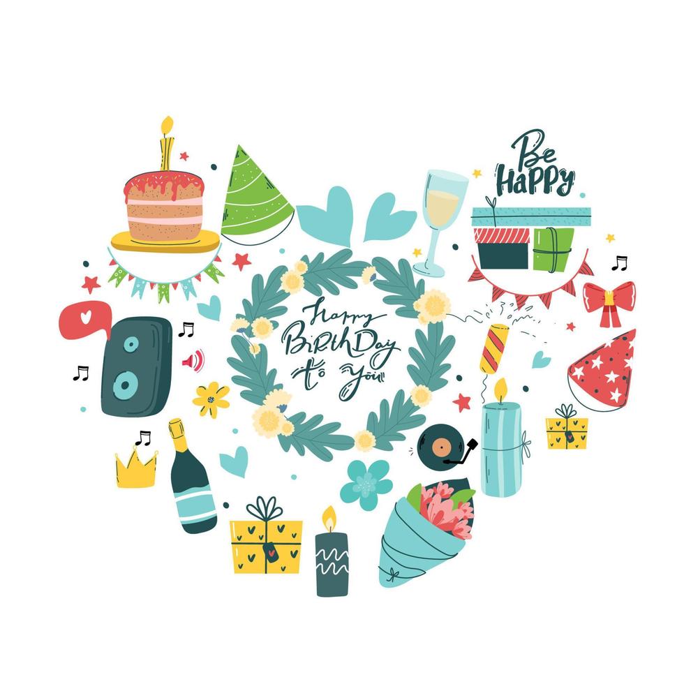 elementos aislados de la fiesta de cumpleaños en forma de corazón. ilustraciones dibujadas a mano, tarjetas de felicitación, elementos de diseño de invitación. pasteles con velas, globos. celebración navideña, decoración de fiestas vector