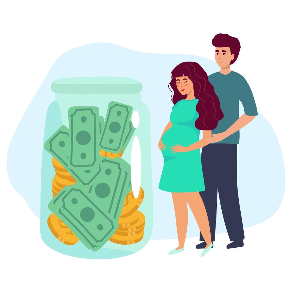 bolso de mujer embarazada joven. mujer embarazada y dinero. ilustraciones de diseño plano vectorial aisladas en fondo blanco vector