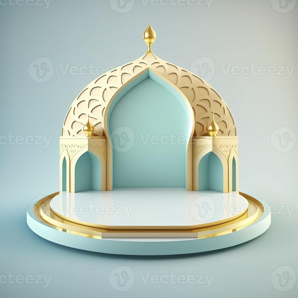 Islamic theme product display background in 3d rendering illustration design, Mosque portal frame with podium or stage and empty space. photo