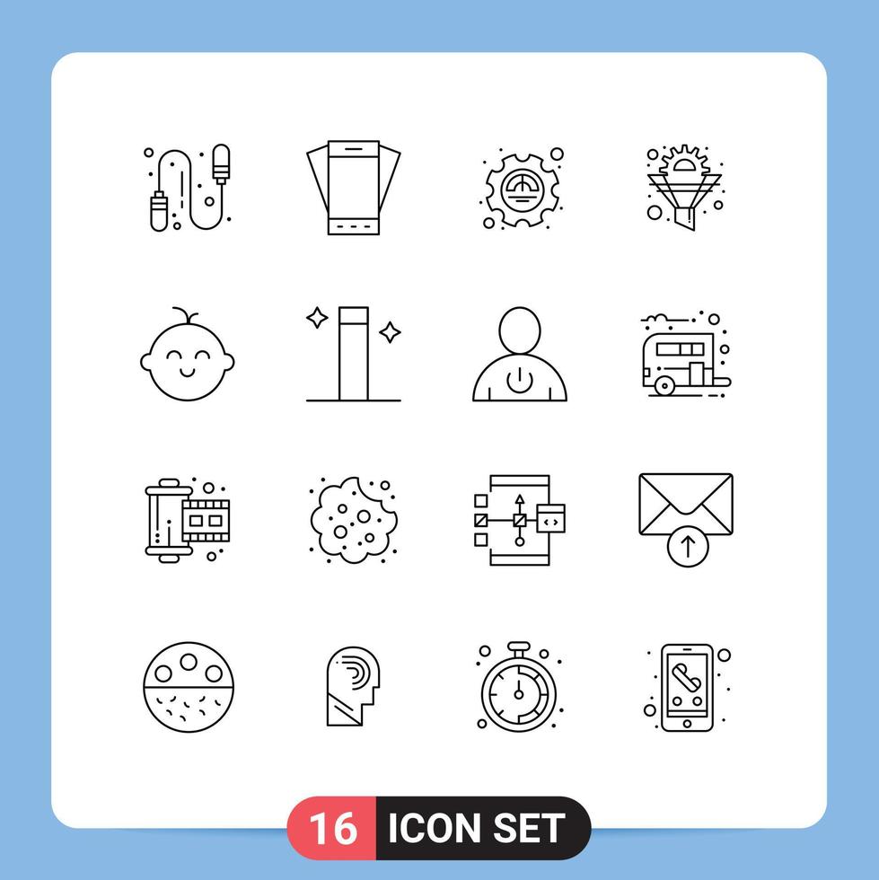 16 Thematic Vector Outlines and Editable Symbols of baby gear efficiency funnel cog Editable Vector Design Elements