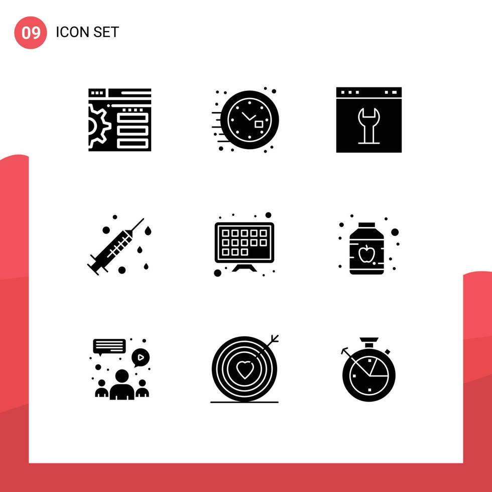 Pack of 9 Modern Solid Glyphs Signs and Symbols for Web Print Media such as tv screen internet gear syringe health Editable Vector Design Elements