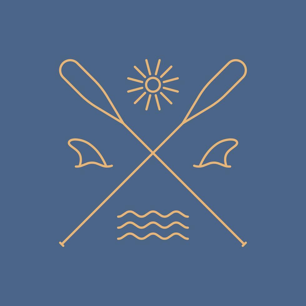 simply four element of waves, shark, canoe and sun divided by canoe paddle in mono line art for badge, sticker, t shirt apparel, etc vector