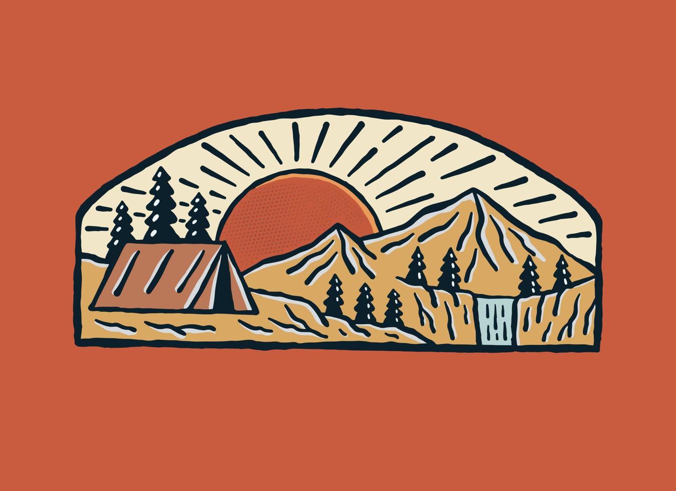 Nature camping with sunrise view behind the mountains vector design