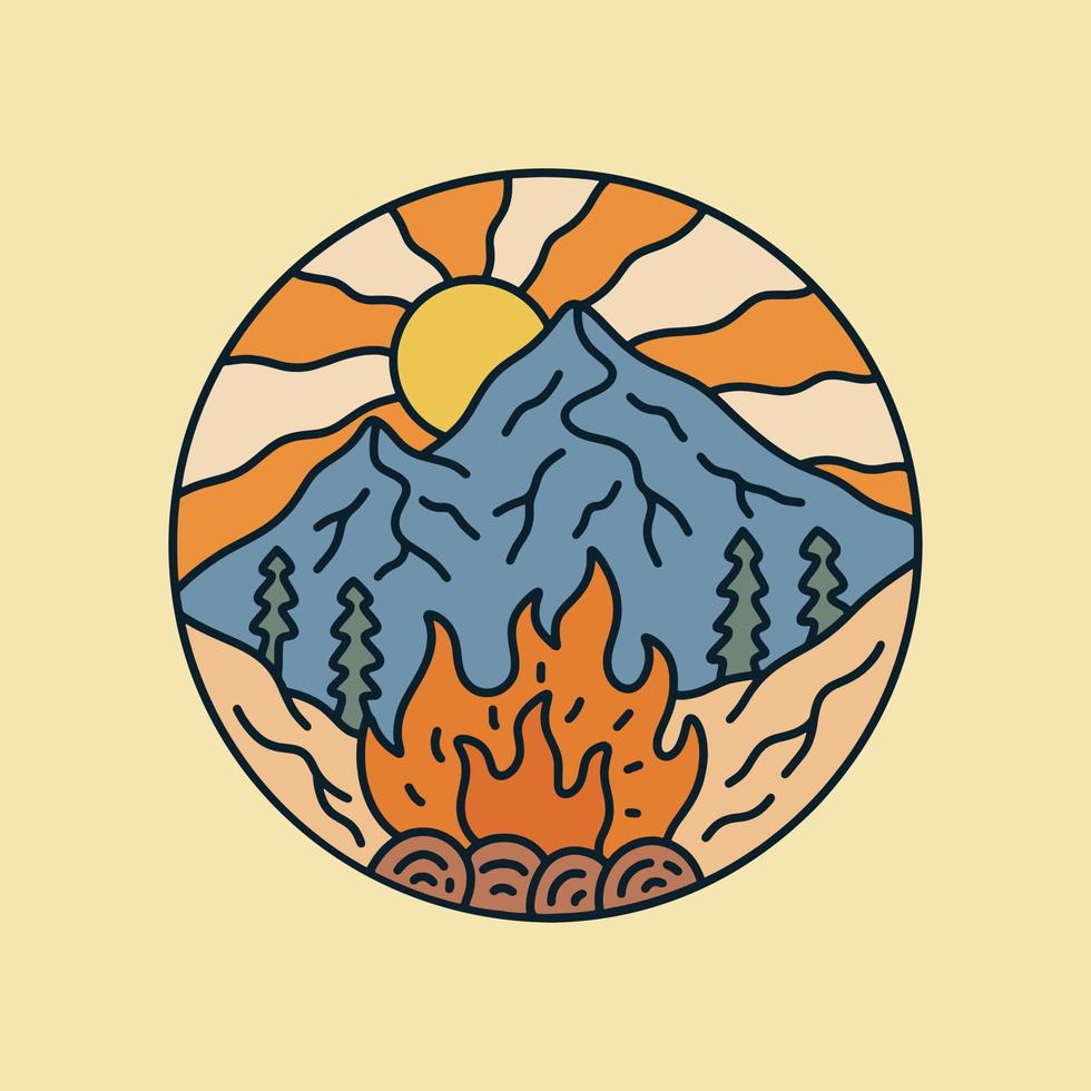 The bonfire and mountains nature wildlife in mono line art design for badge, sticker, t shirt vector design