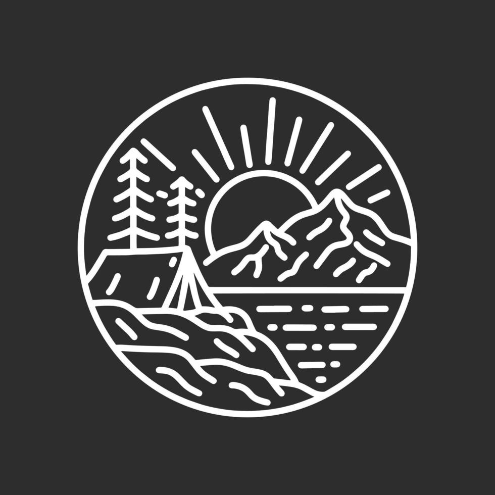 Nature camping with sunrise view in mono line art vector design
