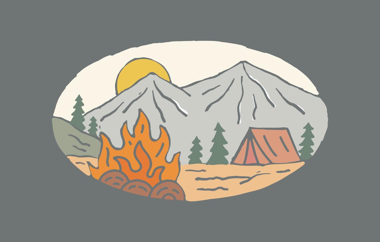 simplemente dibujando a mano el camping natural con diseño de hoguera para placa, pegatina, ropa de camiseta, etc. vector