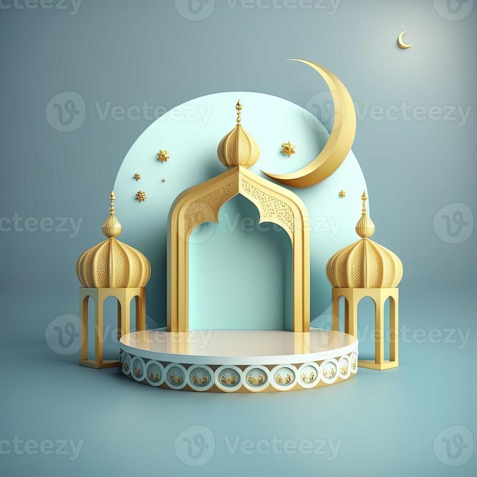 Islamic theme product display background in 3d rendering illustration design, Mosque portal frame with podium or stage and empty space. photo
