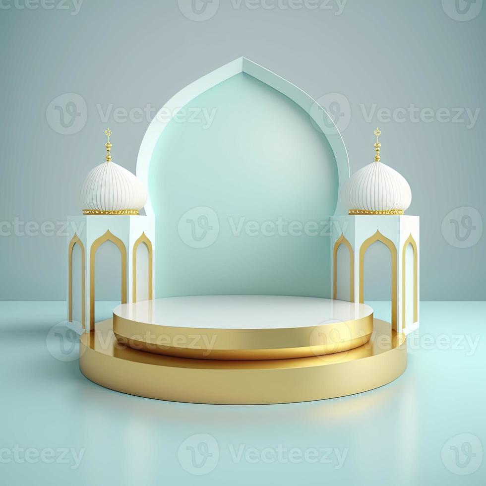 Islamic theme product display background in 3d rendering illustration design, Mosque portal frame with podium or stage and empty space. photo