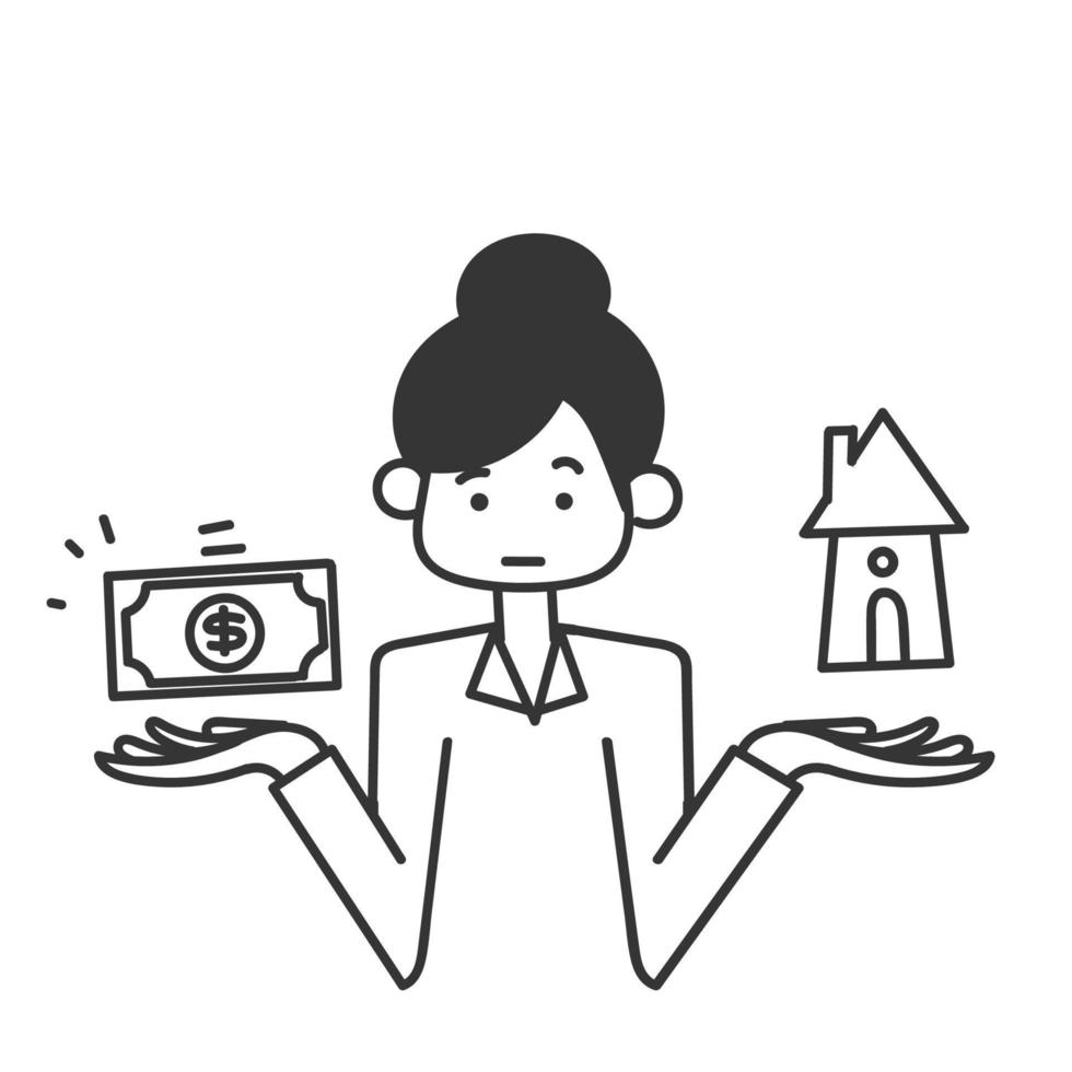 casa de garabatos dibujada a mano y dinero en símbolo de ilustración de escala de peso para casa de préstamo vector