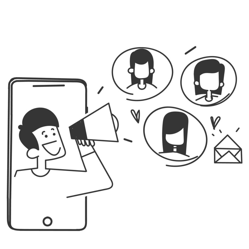 hand drawn doodle megaphone communicate with target audience illustration vector