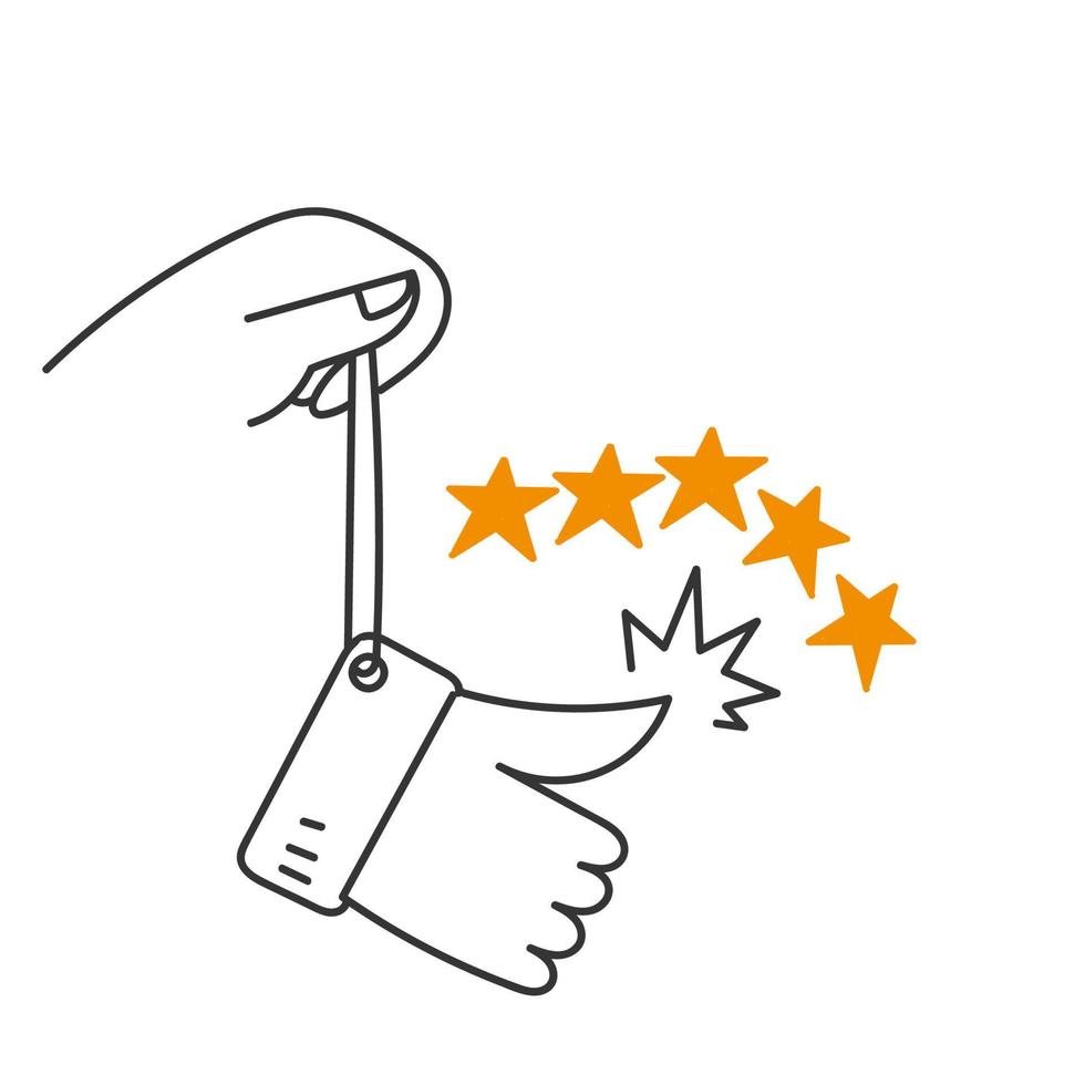 hand drawn doodle person holding like sign button with stars feedback illustration vector