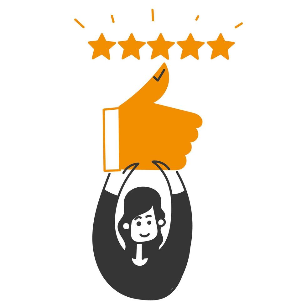 hand drawn doodle person holding like sign button with stars feedback illustration vector