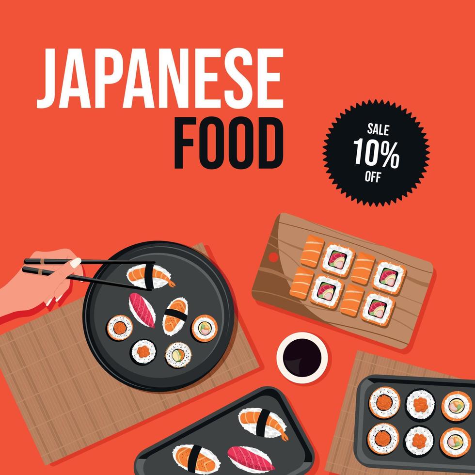 plantilla para anunciar un restaurante japonés en las redes sociales. niña comiendo panecillos, sopa de ramen y sushi sobre fondo rojo. cartel, pancarta, venta. vector