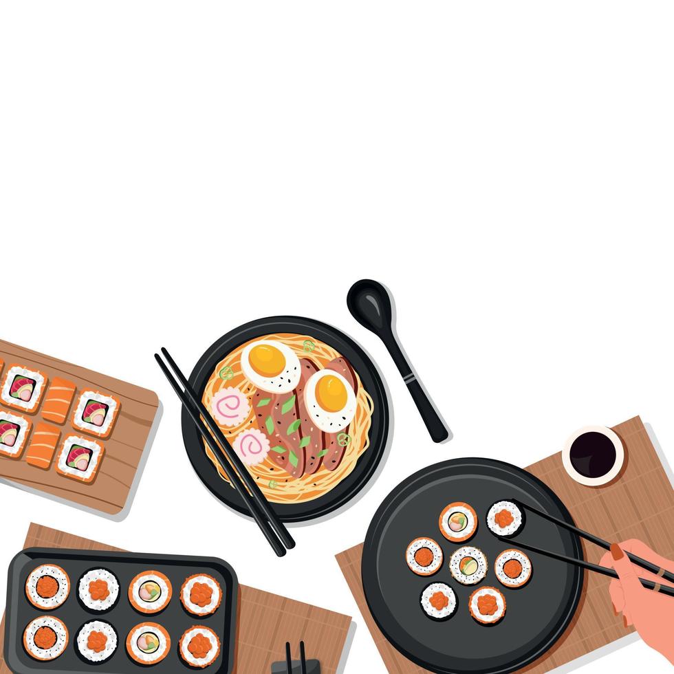 Square white background design with a girl eating Japanese food, rolls, ramen soup for social media. Menu, food concept. Banner, advertising. Vector