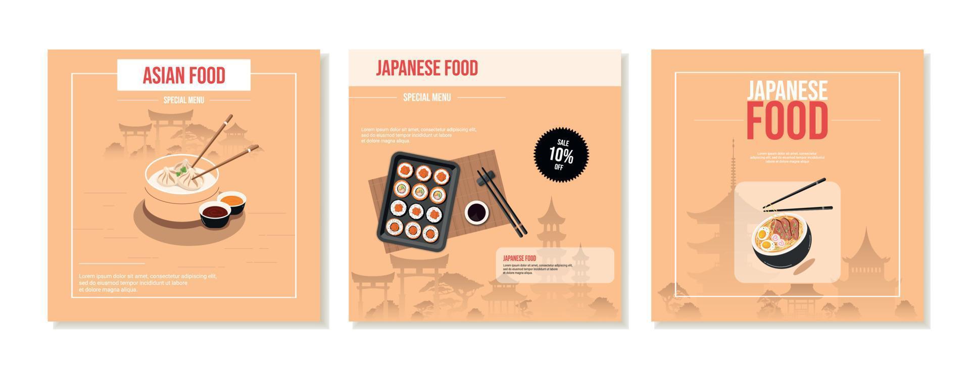 Set of square social media posts with Japanese architecture, food, rolls, ramen soup. Banner, promo, discount, sale. Vector