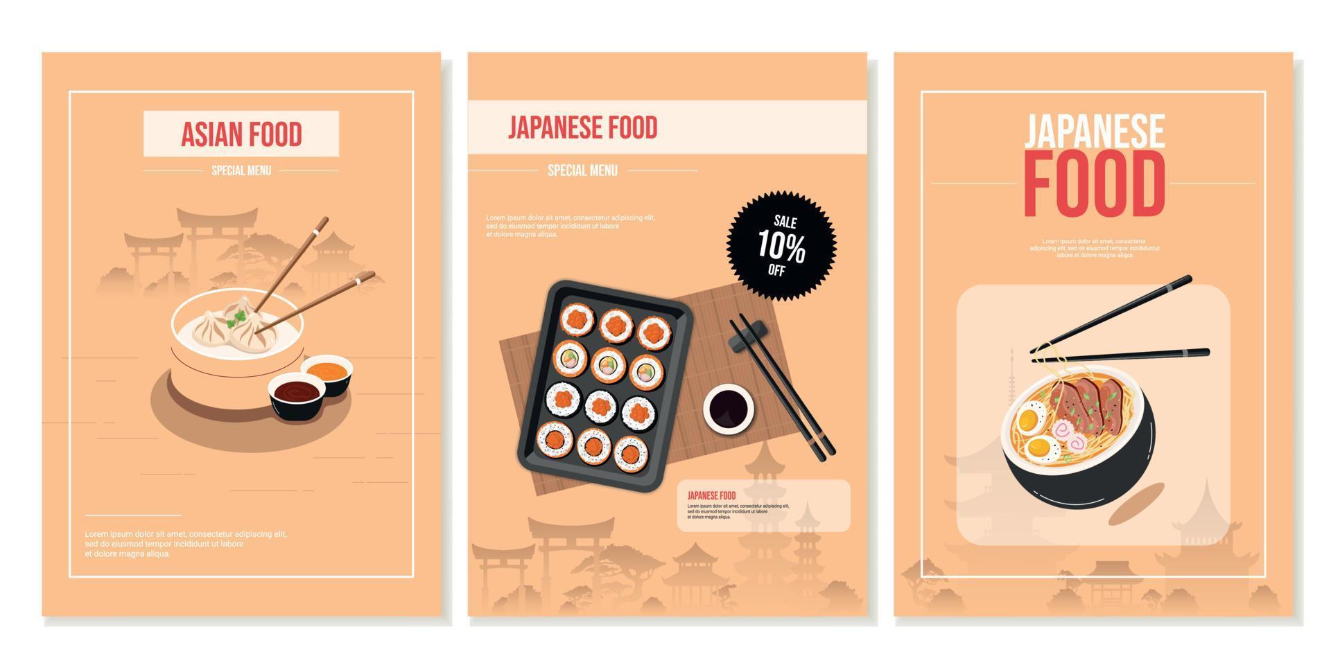 Set of flyers, posters with Japanese, Chinese food, rolls, ramen soup, dumplings. Banner, restaurant advertising, discount, sale. Vector