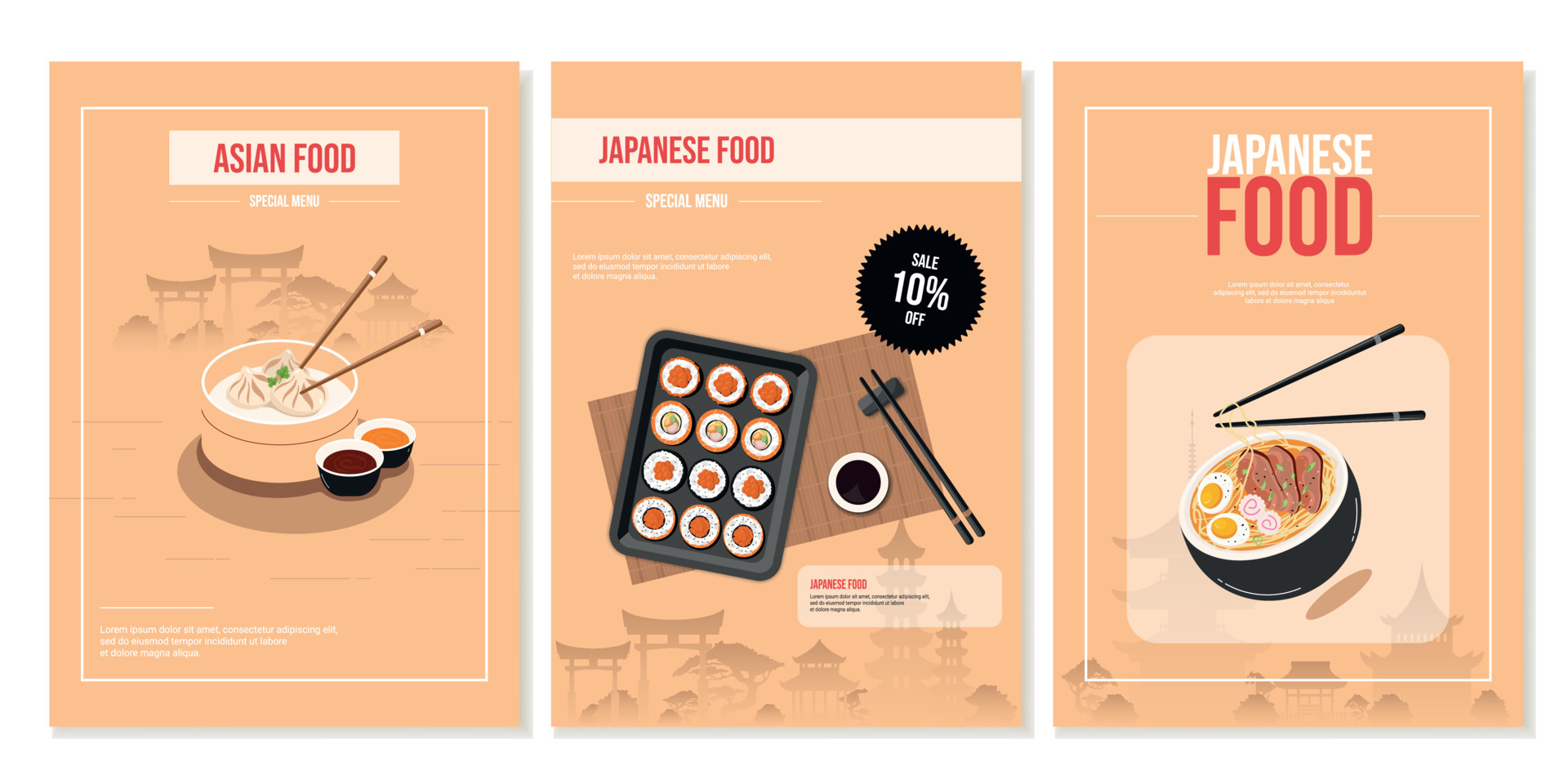 Conjunto de volantes carteles con comida japonesa china panecillos