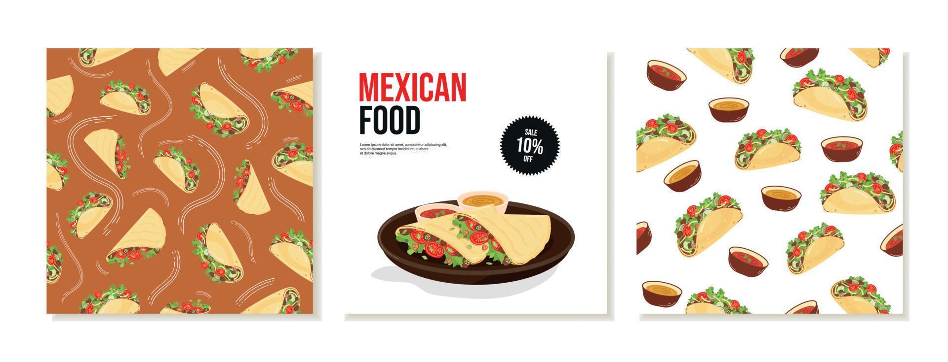 Set of templates with seamless patterns for advertising a Latin American restaurant. Mexican food, quesadillas, tacos. Vector