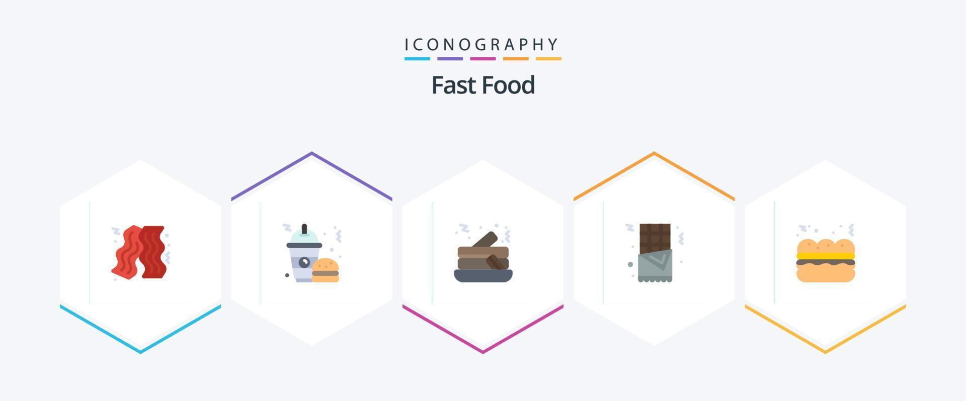 paquete de iconos planos de comida rápida 25 que incluye. alimento. tortita. comida rápida. alimento vector