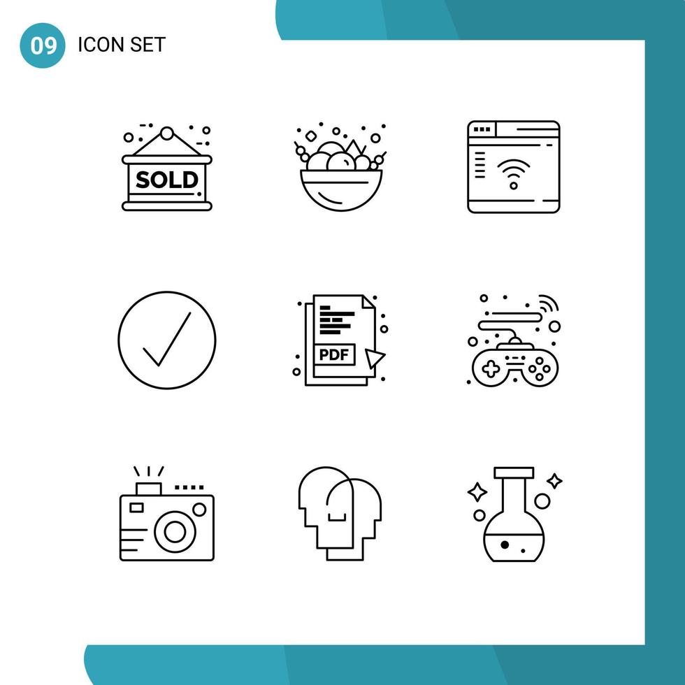 Universal Icon Symbols Group of 9 Modern Outlines of pdf file pdf iot multimedia media Editable Vector Design Elements