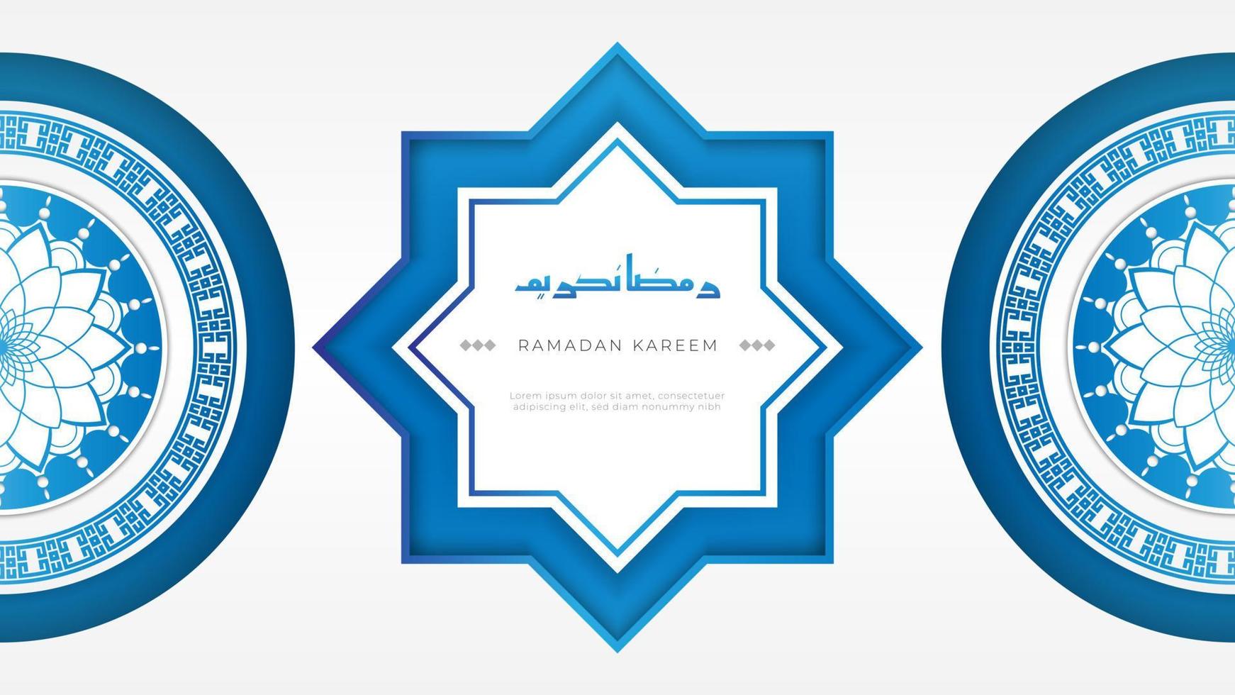 Blue ramadan kareem greeting background with ramadan kareem text in arabic calligraphy vector