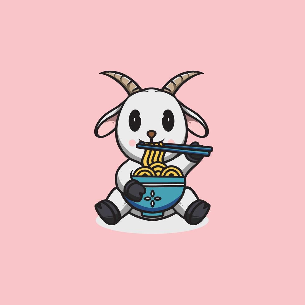 Cute goat eating ramen cartoon illustration vector