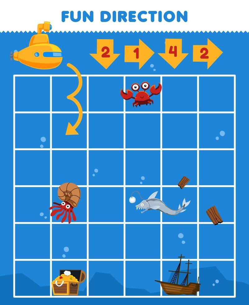 Education game for children fun direction help cute cartoon submarine move according to the numbers on the arrows printable underwater worksheet vector