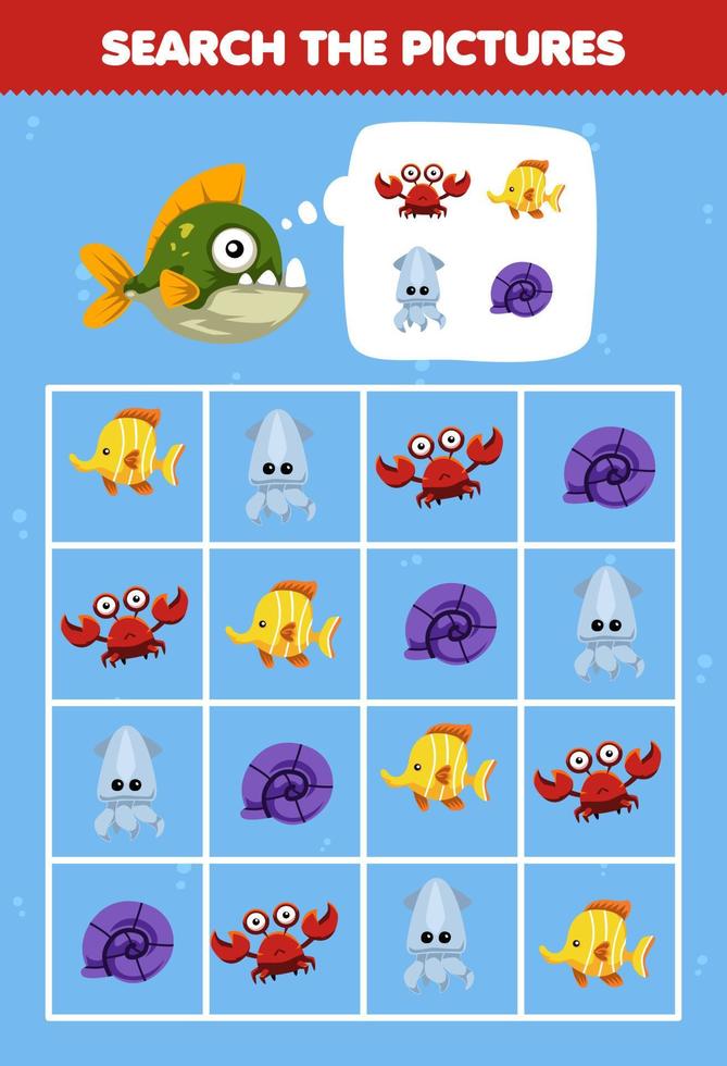 Education game for children help cute cartoon piranha square the correct animal set picture printable underwater worksheet vector