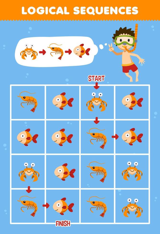 Education game for children logical sequence help diver sort crab shrimp and fish from start to finish printable underwater worksheet vector