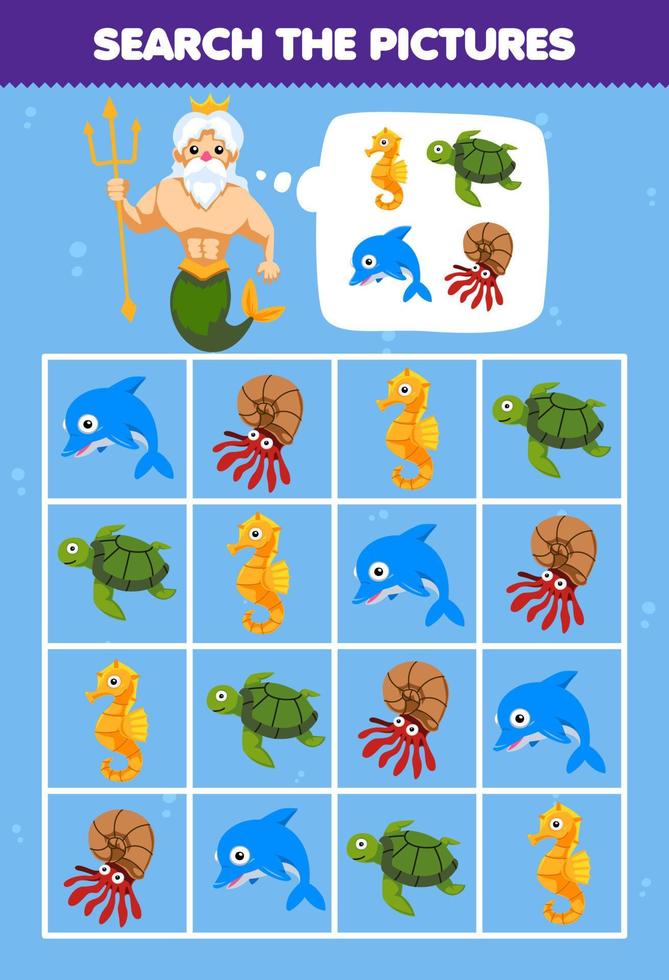 juego de educación para niños ayudar a la sirena vieja de dibujos animados lindo a cuadrar la imagen correcta del conjunto de animales hoja de trabajo subacuática imprimible vector