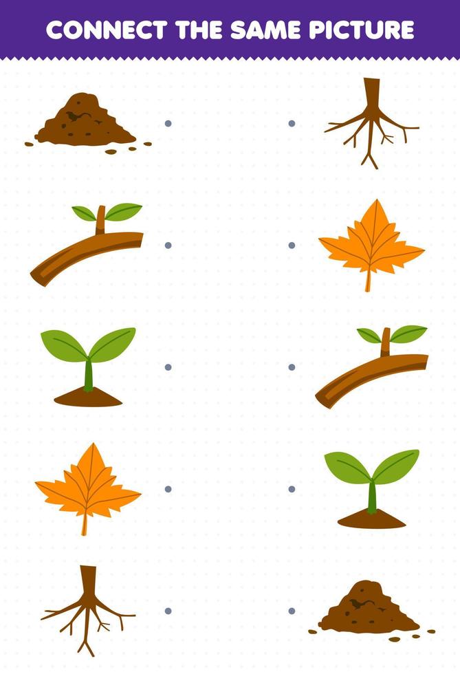 Education game for children connect the same picture of cartoon soil branch seed plant leaf root printable nature worksheet vector