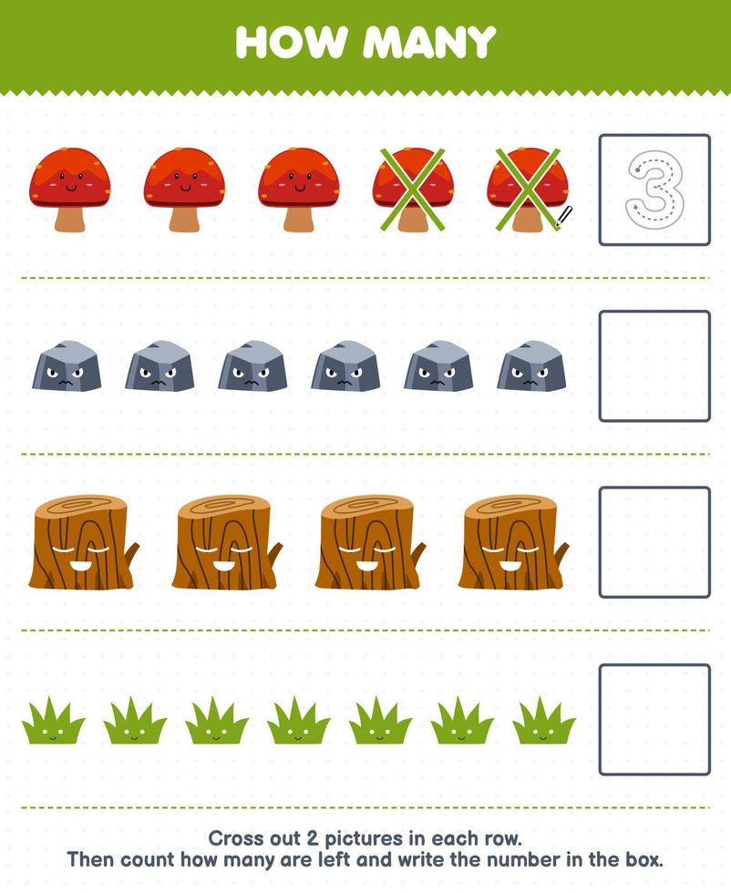 Education game for children count how many cute cartoon mushroom stone wood log grass and write the number in the box printable nature worksheet vector