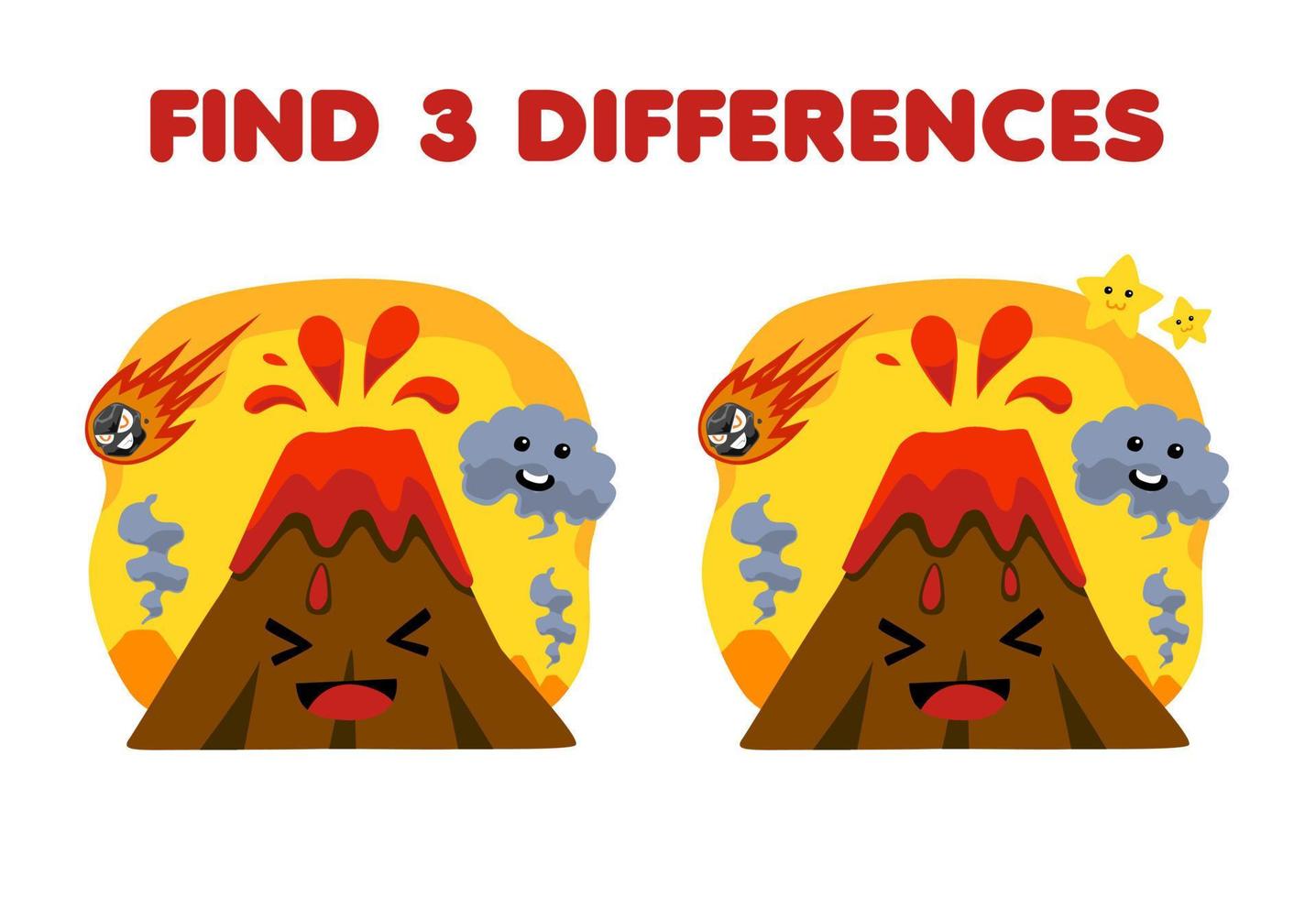 Education game for children find three differences between two cute cartoon volcano with smoke and meteor printable nature worksheet vector