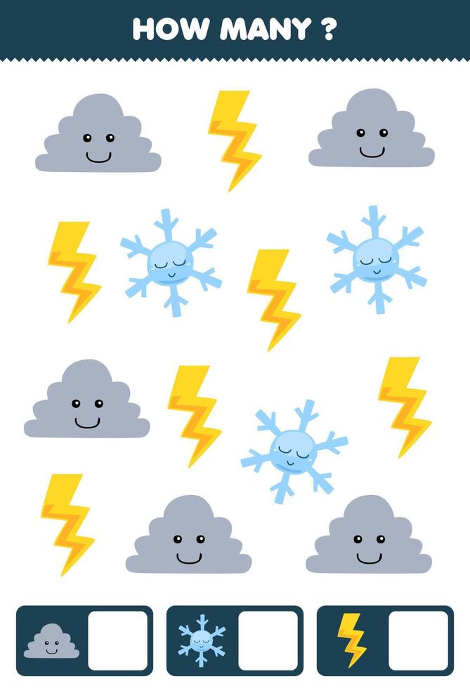 juego educativo para niños que buscan y cuentan cuántos objetos de dibujos animados lindos nube copo de nieve y trueno hoja de trabajo de naturaleza imprimible vector