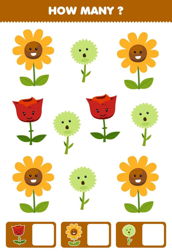 Education game for children searching and counting how many objects of cute cartoon flower printable nature worksheet vector