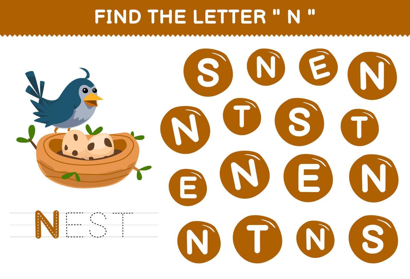 Education game for children find the letter C with cute cartoon bird nest printable nature worksheet vector