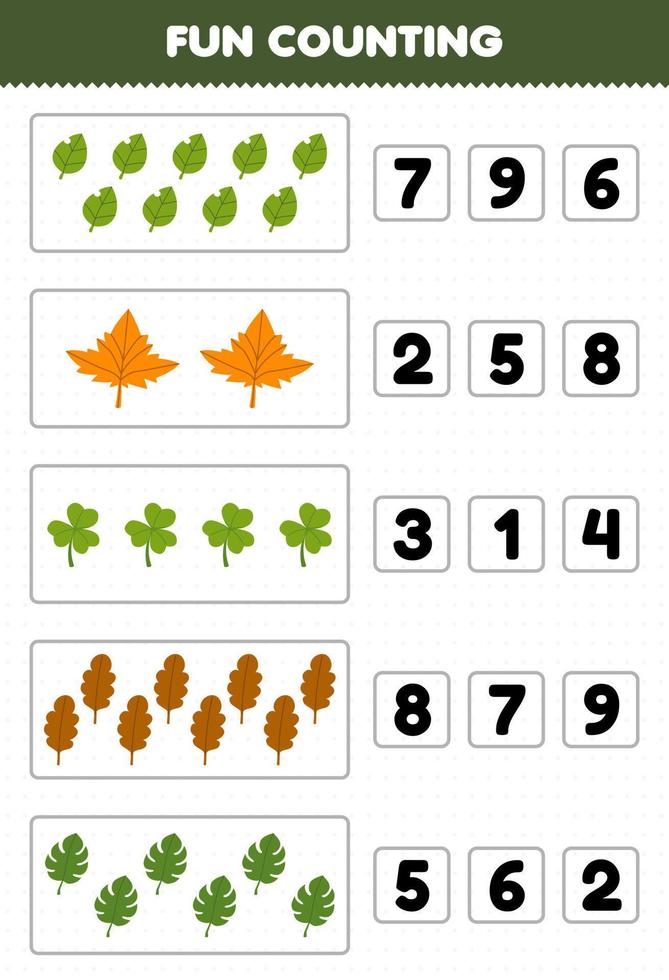 Education game for children fun counting and choosing the correct number of cute cartoon leaf printable nature worksheet vector