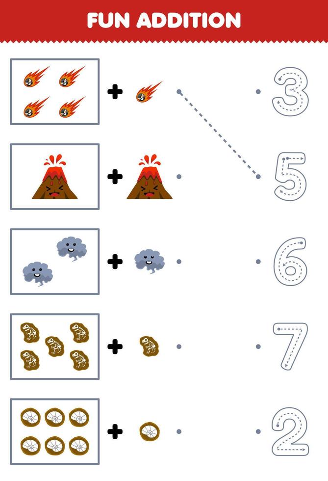 Education game for children fun counting and add one more cartoon meteor mountain smoke fossil then choose the correct number nature worksheet vector