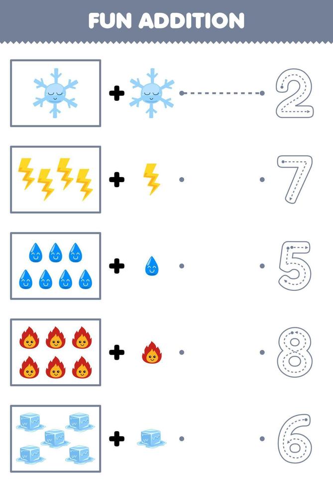 Education game for children fun counting and add one more cartoon snowflake thunder water fire ice then choose the correct number nature worksheet vector